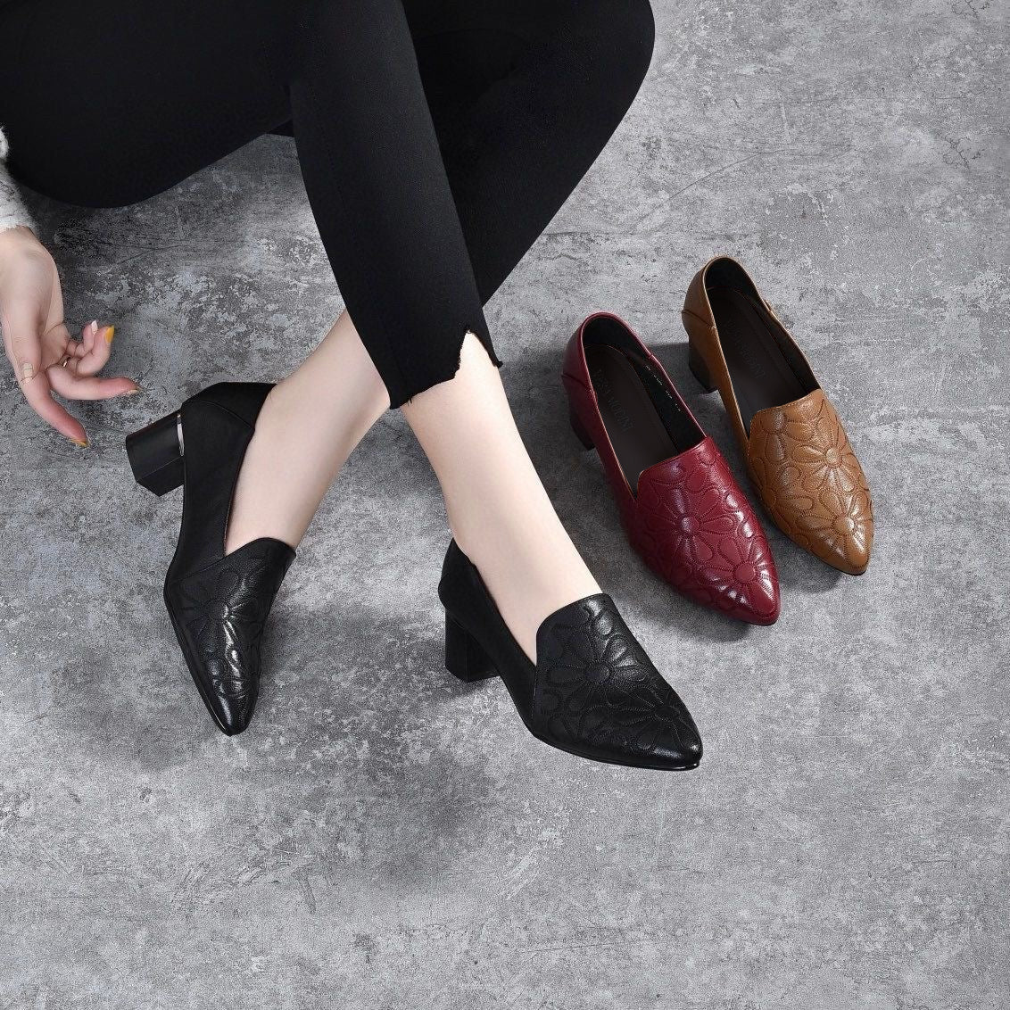 Tonette - Soft Leather Embroidered Pumps