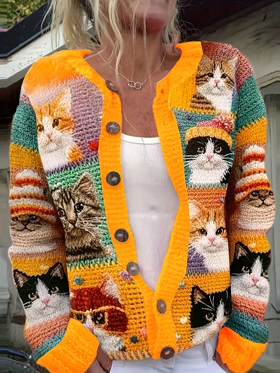 Sienna™ | Vibrant Floral & Cat Print Cardigan