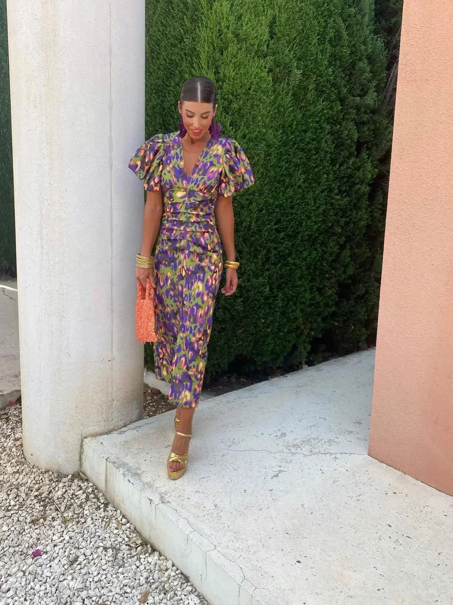 Aurora™ | Vibrant Midi Dress with Puff Sleeves